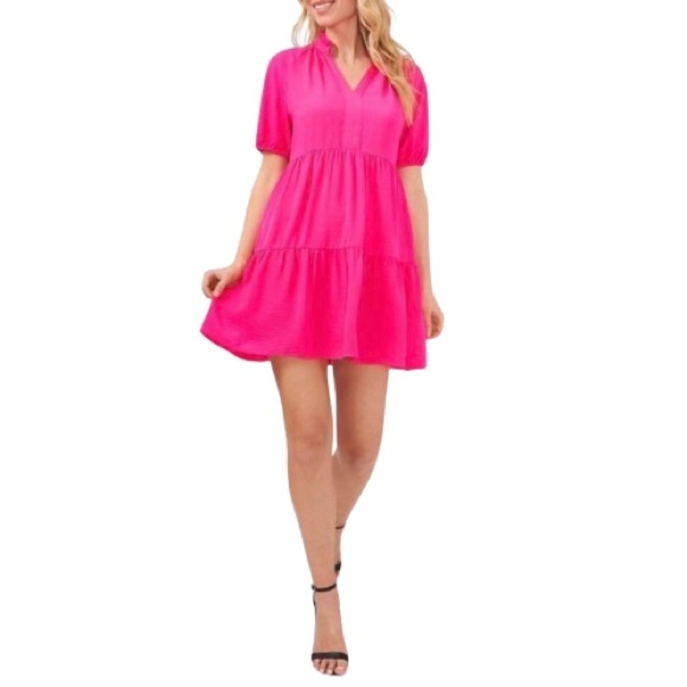 🌈 🆕 CECE Ruffle Mock V-Neck Tiered Mini Dress L117007 Women's Size MEDIUM